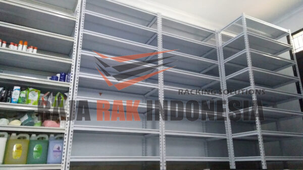 RAK BESI SIKU LUBANG BOLTLESS SLOTTED ANGLE TIPE GTM-100 UKURAN 118x55x240 CM, 5 SUSUN, WARNA PUTIH
