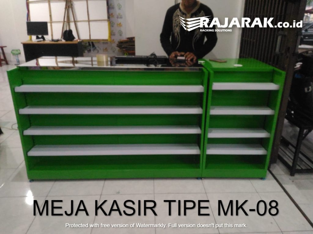 Meja Kasir Toko Sembako Plus Shelving Depan Tipe MK-08, Ukuran 200x65x90 CM, Solusi Meja Kasir Modern untuk Toko Sembako, Minimarket, dan Berbagai Jenis Usaha Retail