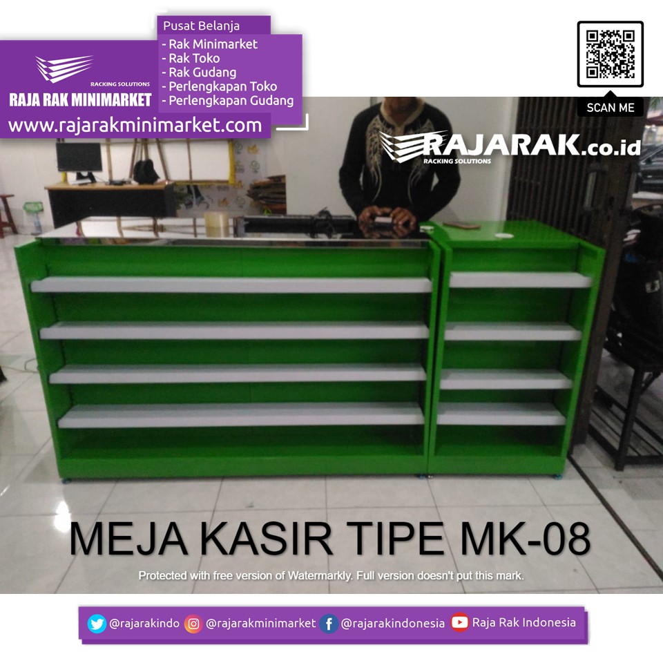 Meja Kasir Toko Sembako Plus Shelving Depan Tipe MK-08, Ukuran 200x65x90 CM, Solusi Meja Kasir Modern untuk Toko Sembako, Minimarket, dan Berbagai Jenis Usaha Retail