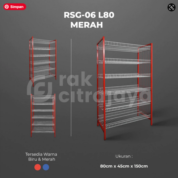 RAK BESI SERBAGUNA TIPE RSG-06 L80, 6 SUSUN, RAK DISPLAY TOKO JAJANAN, WARNA MERAH & BIRU, UKURAN 80cm x 45cm x 150cm