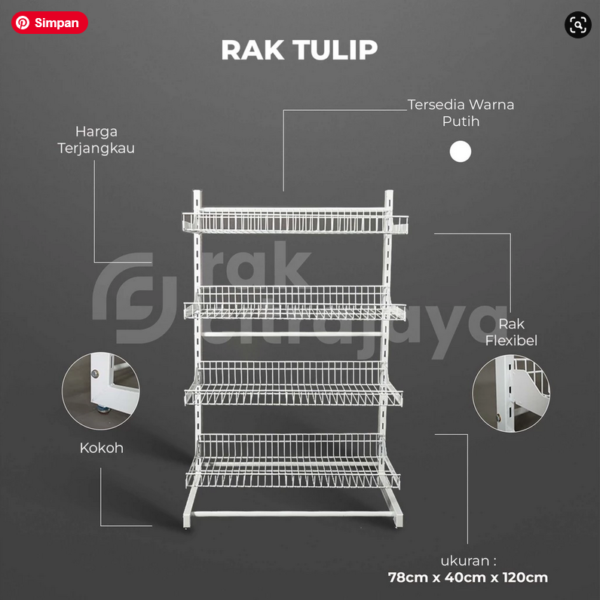 RAK DAGANGAN BARANG TOKO TIPE TULIP 4 SUSUN PUTIH, UKURAN 78cm x 40cm x 120cm | PILIHAN TERBAIK UNTUK PENATAAN PRODUK DI TOKO ANDA