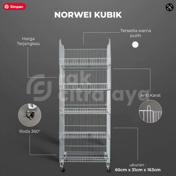 RAK DISPLAY PRODUK TIPE NORWEI KUBIK | 5 SUSUN KERANJANG, UKURAN 31cm x 60cm x 163cm | RAK PAJANGAN SNACK, CHIKI, MIE, ROTI, DLL