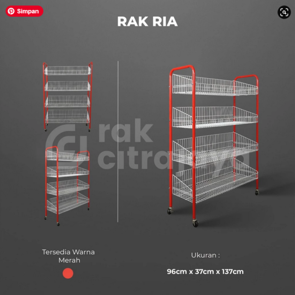 RAK DISPLAY MAKANAN RINGAN TIPE RIA, 4 SUSUN | RAK CEMILAN, JAJANAN & SNACK | UKURAN: 96cm x 37cm x 137cm