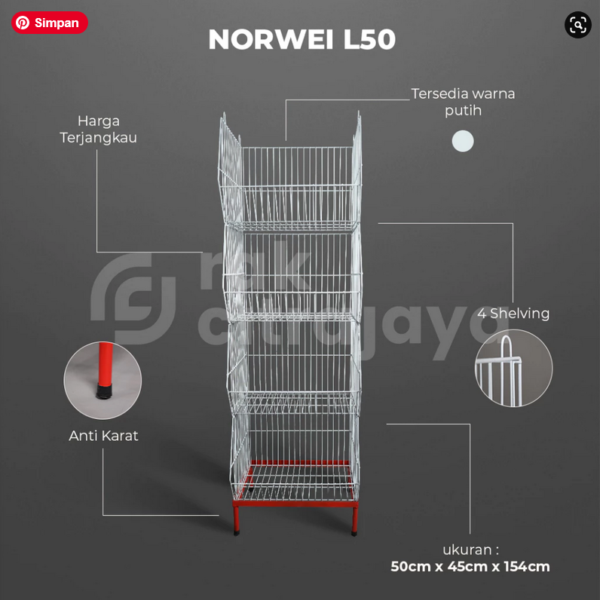 RAK DISPLAY SNACK TIPE NORWEI L50, Uk.50x45x154cm, 4 SUSUN KERANJANG | RAK TOKO CHIKI SERBAGUNA