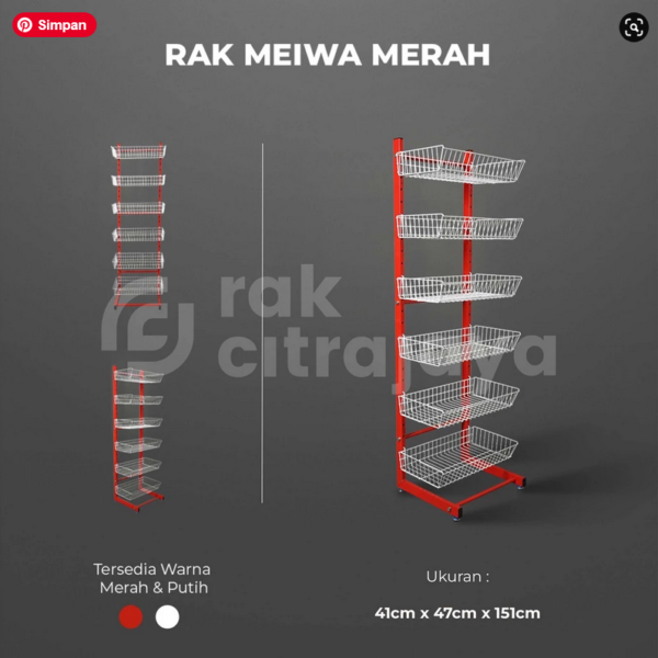 RAK DISPLAY TOKO JAJANAN TIPE MEIWA MERAH & PUTIH, 6 SUSUN KERANJANG, UKURAN 41cm x 47cm x 151cm, SOLUSI IDEAL UNTUK PENATAAN PRODUK TOKO ANDA