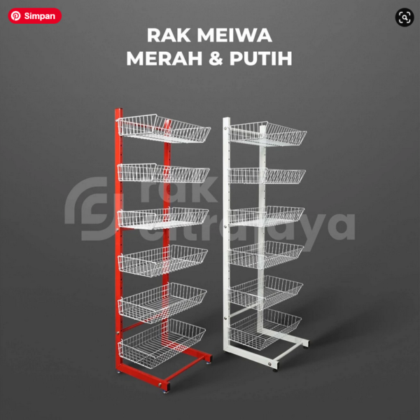 RAK DISPLAY TOKO JAJANAN TIPE MEIWA MERAH & PUTIH, 6 SUSUN KERANJANG, UKURAN 41cm x 47cm x 151cm, SOLUSI IDEAL UNTUK PENATAAN PRODUK TOKO ANDA