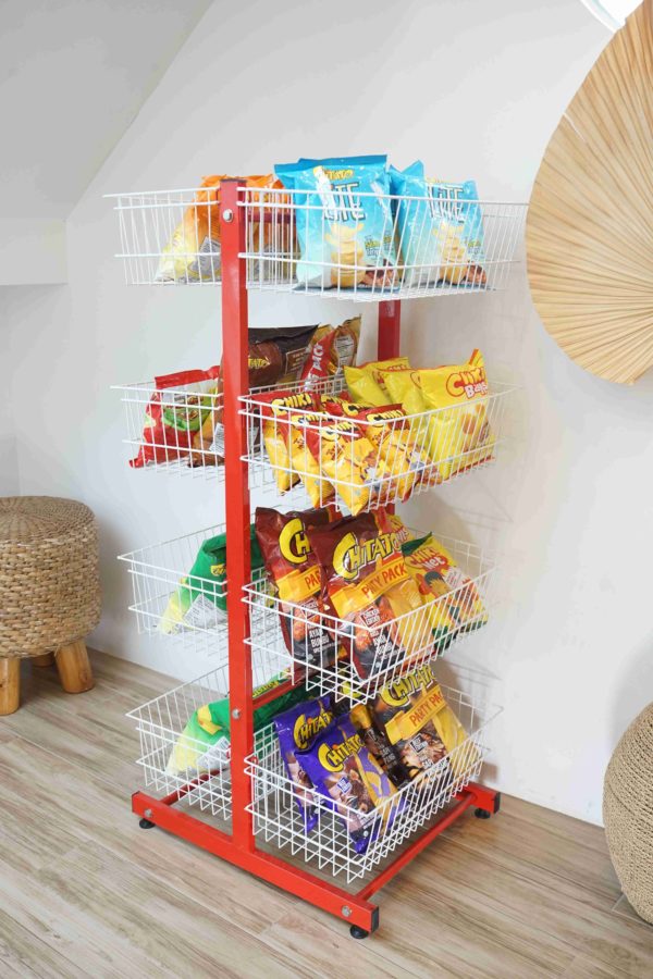 RAK KERANJANG SNACK TIPE AMANDA DOUBLE, 4 SUSUN x 2 SISI, UKURAN 59cm x 60cm x 124cm | RAK DISPLAY PRODUK CEMILAN, JAJANAN & MAKANAN RINGAN UNTUK TOKO ANDA