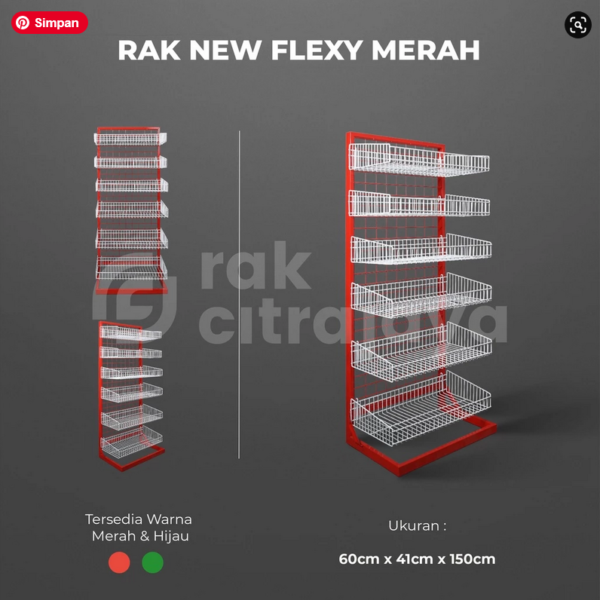 RAK SNACK MINIMARKET TIPE NEW FLEXY MERAH & HIJAU, 6 SUSUN KERANJANG, UKURAN 60cm x 41cm x 150cm | RAK DISPLAY PRODUK JAJANAN / MAKANAN RINGAN