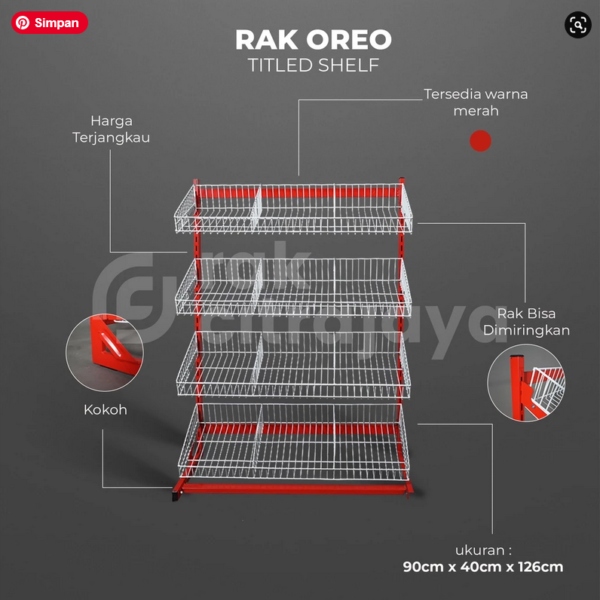 RAK UNTUK JUALAN SNACK TIPE OREO, 4 SUSUN KERANJANG, UKURAN 90cm x 40cm x 126cm | SOLUSI DISPLAY SNACK TERBAIK UNTUK MINIMARKET DAN TOKO ANDA