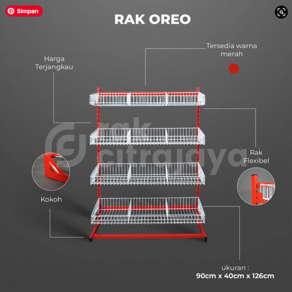 RAK UNTUK JUALAN SNACK TIPE OREO, 4 SUSUN KERANJANG, UKURAN 90cm x 40cm x 126cm | SOLUSI DISPLAY SNACK TERBAIK UNTUK MINIMARKET DAN TOKO ANDA