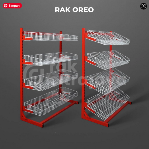 RAK UNTUK JUALAN SNACK TIPE OREO, 4 SUSUN KERANJANG, UKURAN 90cm x 40cm x 126cm | SOLUSI DISPLAY SNACK TERBAIK UNTUK MINIMARKET DAN TOKO ANDA