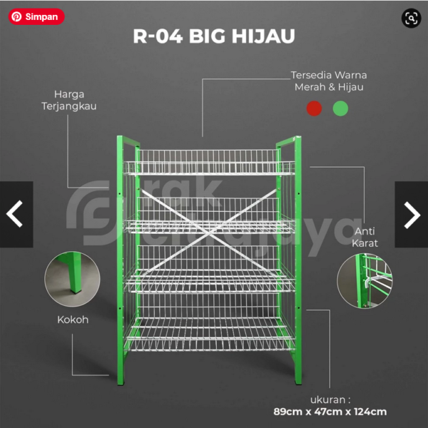 RAK WARUNG SEMBAKO TIPE R-04 BIG, 4 SUSUN, DISPLAY JAJANAN, KUE, SNACK, DLL | UKURAN 89cm x 47cm x 124cm | WARNA MERAH DAN HIJAU | SOLUSI CERDAS UNTUK PENATAAN WARUNG DAN TOKO ANDA