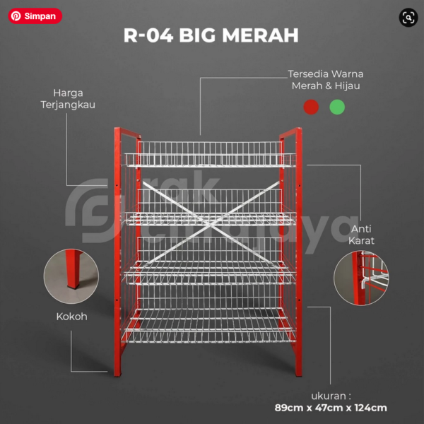 RAK WARUNG SEMBAKO TIPE R-04 BIG, 4 SUSUN, DISPLAY JAJANAN, KUE, SNACK, DLL | UKURAN 89cm x 47cm x 124cm | WARNA MERAH DAN HIJAU | SOLUSI CERDAS UNTUK PENATAAN WARUNG DAN TOKO ANDA