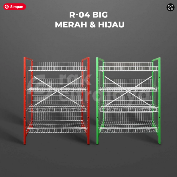 RAK WARUNG SEMBAKO TIPE R-04 BIG, 4 SUSUN, DISPLAY JAJANAN, KUE, SNACK, DLL | UKURAN 89cm x 47cm x 124cm | WARNA MERAH DAN HIJAU | SOLUSI CERDAS UNTUK PENATAAN WARUNG DAN TOKO ANDA