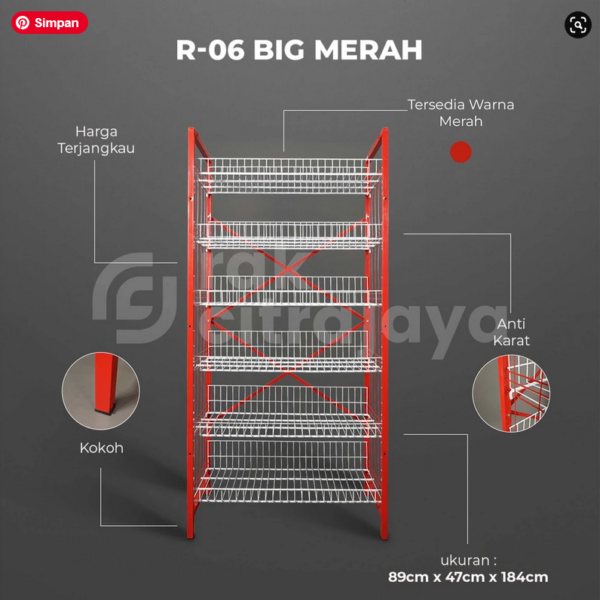 RAK WARUNG SEMBAKO TIPE R-06 BIG, 6 SUSUN, DISPLAY JAJANAN, KUE, SNACK, DLL | UKURAN 89cm x 47cm x 184cm | WARNA MERAH DAN HIJAU