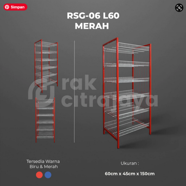 RAK BESI SERBAGUNA TIPE RSG-06 L60, 6 SUSUN, RAK DISPLAY TOKO JAJANAN, WARNA MERAH & BIRU, UKURAN 60cm x 45cm x 150cm