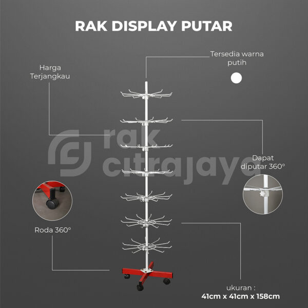 RAK DISPLAY PUTAR PRODUK AKSESORIS TIPE MATAHARI 7 SUSUN, WARNA MERAH & PUTIH, UKURAN 41x41x158 CM
