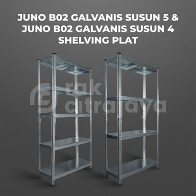 RAK BESI GUDANG SIKU LUBANG SERBAGUNA TIPE JUNO B02 GALVANIS – SHELVING PLAT, SUSUN 4 & 5, UKURAN 90x35x180 CM, NON BAUT (BOLTLESS)