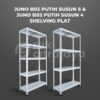 RAK GUDANG BESI SIKU SUSUN SERBAGUNA TIPE JUNO B02 PUTIH – PLAT SHELVING | SUSUN 4 & 5, UKURAN 90x35x180 CM, NON BAUT (RAK BOLTLESS)