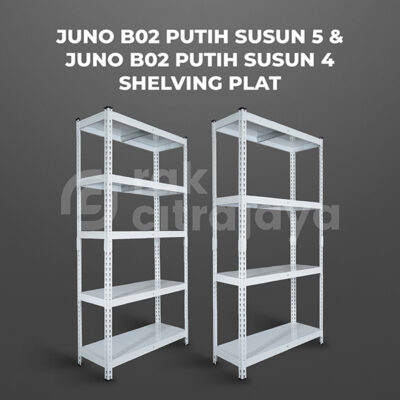 RAK GUDANG BESI SIKU SUSUN SERBAGUNA TIPE JUNO B02 PUTIH – PLAT SHELVING | SUSUN 4 & 5, UKURAN 90x35x180 CM, NON BAUT (RAK BOLTLESS)