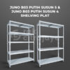 RAK GUDANG BESI SIKU SUSUN SERBAGUNA TIPE JUNO B03 PUTIH – PLAT SHELVING | SUSUN 4 & 5, UKURAN 120x45x180 CM, NON BAUT (RAK BOLTLESS) | PILIHAN WARNA LAIN: Putih, Hitam, Biru, Merah & Kuning
