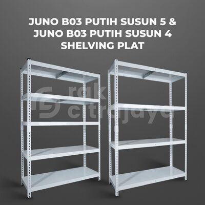 RAK GUDANG BESI SIKU SUSUN SERBAGUNA TIPE JUNO B03 PUTIH – PLAT SHELVING | SUSUN 4 & 5, UKURAN 120x45x180 CM, NON BAUT (RAK BOLTLESS) | PILIHAN WARNA LAIN: Putih, Hitam, Biru, Merah & Kuning
