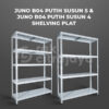 RAK GUDANG BESI SIKU SUSUN SERBAGUNA TIPE JUNO B04 PUTIH PLAT SHELVING, SUSUN 4 & 5, UKURAN 120x40x180 CM, NON BAUT (RAK BOLTLESS) | PILIHAN WARNA LAIN: Putih, Hitam, Biru, Merah & Kuning