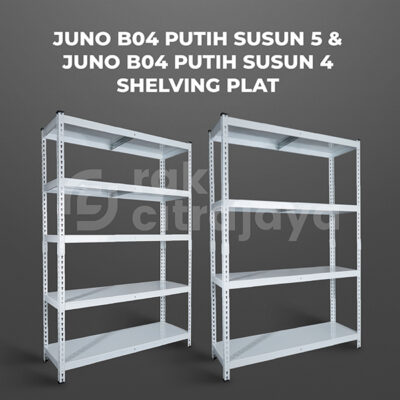 RAK GUDANG BESI SIKU SUSUN SERBAGUNA TIPE JUNO B04 PUTIH PLAT SHELVING, SUSUN 4 & 5, UKURAN 120x40x180 CM, NON BAUT (RAK BOLTLESS) | PILIHAN WARNA LAIN: Putih, Hitam, Biru, Merah & Kuning
