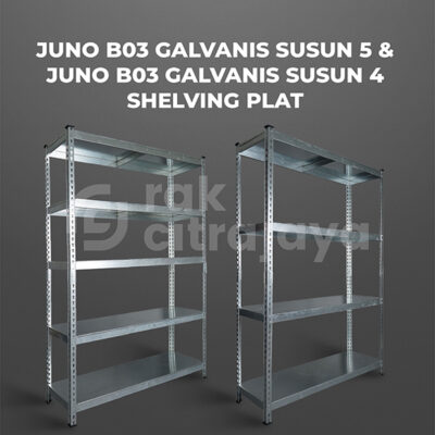 RAK BESI SIKU LUBANG BOLTLESS JUNO 03 GALVANIS PLAT SHELVING, SUSUN 4 & 5, UKURAN 120x45x180 CM | RAJA RAK MINIMARKET