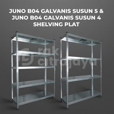 RAK BESI SIKU LUBANG BOLTLESS JUNO 03 GALVANIS PLAT SHELVING, SUSUN 4 & 5, UKURAN 120x45x180 CM: Solusi Tepat untuk Penyimpanan Barang yang Rapi dan Tahan Lama!