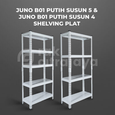 RAK BESI GUDANG SIKU LUBANG SERBAGUNA SHELVING PLAT TIPE JUNO 01 SUSUN 4 & 5, NON BAUT, UKURAN 70x30x150 CM, WARNA PUTIH