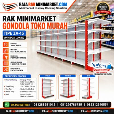 RAK MINIMARKET GONDOLA TOKO MURAH TIPE ZA-15 (PRODUK LOKAL) | UKURAN P. 90 CM, T. 120/150/170 CM, L.28 CM | WARNA CUSTOM SESUAI SELERA CUSTOMER
