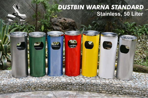 Tempat Sampah Stainless Bulat 50 Liter Warna-Warni: Putih • Kuning • Merah • Biru • Hijau – Solusi Kebersihan Elegan & Ceria