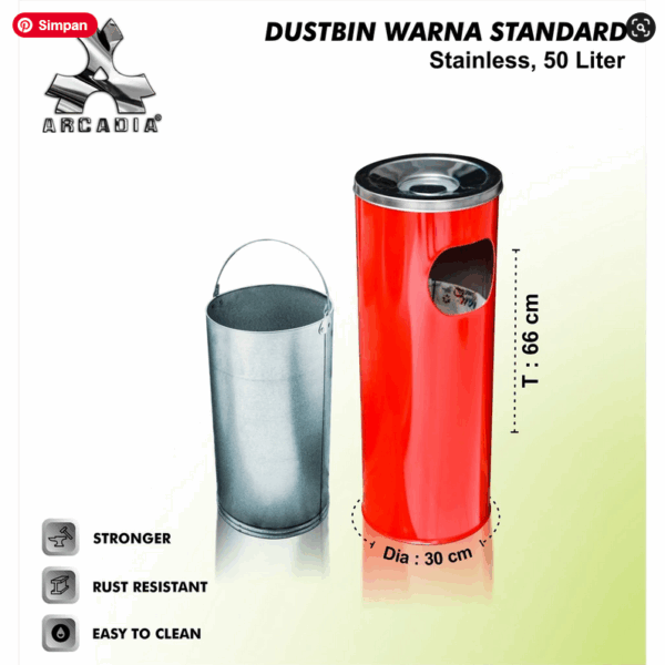 Tempat Sampah Stainless Bulat 50 Liter Warna-Warni: Putih • Kuning • Merah • Biru • Hijau – Solusi Kebersihan Elegan & Ceria