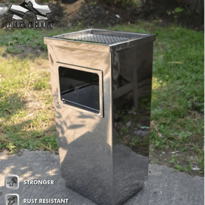TEMPAT SAMPAH STAINLESS KOTAK DENGAN ASBAK ATAS, Ukuran 30 × 24 × 66 cm – Jual ke Seluruh Indonesia