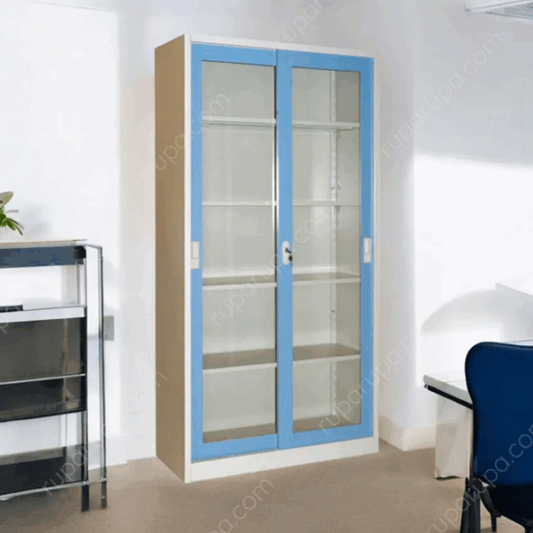 LEMARI ARSIP BESI KANTOR 2 PINTU KACA SLIDING BIRU KRISBOW – SOLUSI HEMAT RUANG UNTUK BACK OFFICE MINIMARKET