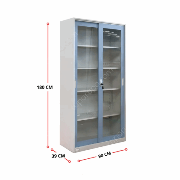 LEMARI ARSIP BESI KANTOR 2 PINTU KACA SLIDING BIRU KRISBOW – SOLUSI HEMAT RUANG UNTUK BACK OFFICE MINIMARKET