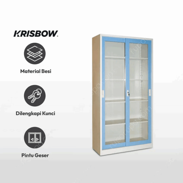 LEMARI ARSIP BESI KANTOR 2 PINTU KACA SLIDING BIRU KRISBOW – SOLUSI HEMAT RUANG UNTUK BACK OFFICE MINIMARKET
