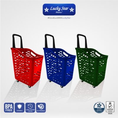 TROLI KERANJANG BELANJA PLASTIK SUPERMARKET LUCKY STAR 6790-DX WARNA MERA, BIRU, HIJAU | RAJA RAK MINIMARKET